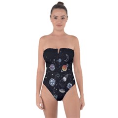 Glittering Planets Space Galaxy Glitter Black Tie Back One Piece Swimsuit by Perong