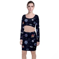 Glittering Planets Space Galaxy Glitter Black Top And Skirt Sets by Perong