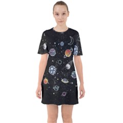Glittering Planets Space Galaxy Glitter Black Sixties Short Sleeve Mini Dress by Perong