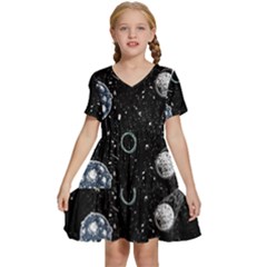 Glittering Planets Space Galaxy Glitter Black Kids  Short Sleeve Tiered Mini Dress by Perong