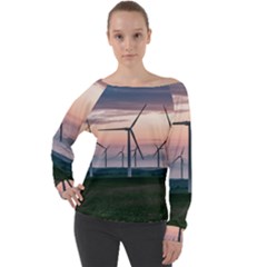 Wind Giants At Twilight Off Shoulder Long Sleeve Velour Top by Tellerarts