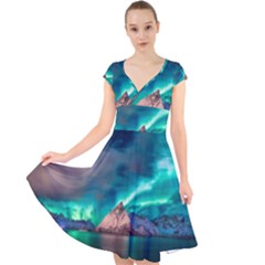 Amazing Aurora Borealis Colors Cap Sleeve Front Wrap Midi Dress