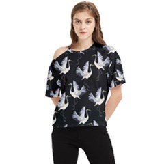 Crane Pattern One Shoulder Cut Out T-shirt