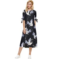 Crane Pattern Bow Sleeve Chiffon Midi Dress