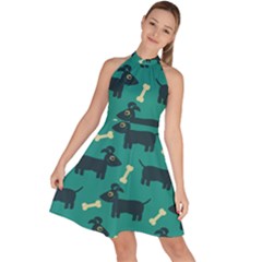 Happy Dogs Animals Pattern Sleeveless Halter Neck A-line Dress by Ket1n9