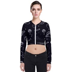 Black Space Drawing Art Planet Drawing Stars Black Space Galaxy Outer Space Long Sleeve Zip Up Bomber Jacket by Perong