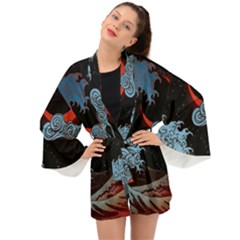 Night In The Ocean Red Waves Art Moon Dark Japanese Wave Long Sleeve Kimono