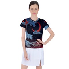 Night In The Ocean Red Waves Art Moon Dark Japanese Wave Women s Sports Top