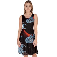 Night In The Ocean Red Waves Art Moon Dark Japanese Wave Knee Length Skater Dress With Pockets