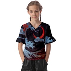 Night In The Ocean Red Waves Art Moon Dark Japanese Wave Kids  V-neck Horn Sleeve Blouse