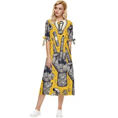 Yellow Template Design Bow Sleeve Chiffon Midi Dress