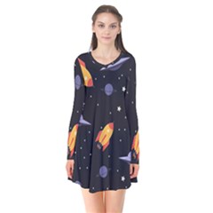 Cosmos Rocket Spaceship Ufo Long Sleeve V-neck Flare Dress