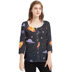 Cosmos Rocket Spaceship Ufo Chiffon Quarter Sleeve Blouse by Salmanaz77