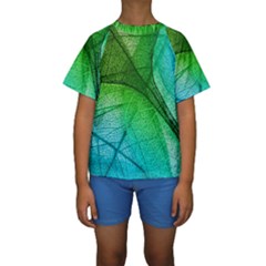 3d Leaves Texture Sheet Blue Green Kids  Short Sleeve Swimwear