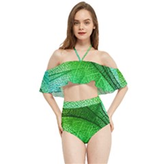 3d Leaves Texture Sheet Blue Green Halter Flowy Bikini Set 