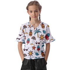 Summer Pineapple Fruit Tropical Kids  V-neck Horn Sleeve Blouse