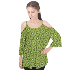 Kiwi Fruit Pattern Green Background Flutter Sleeve T-shirt