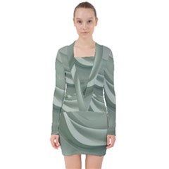 Silky Sage Abstract Elegant Print Design V-neck Bodycon Long Sleeve Dress by dflcprintsclothing