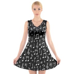 Chalk Music Notes Signs Seamless Pattern V-neck Sleeveless Dress