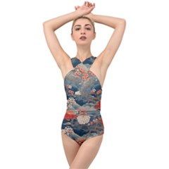 Seamless Pattern Chinoiserie Flowers Cross Front Low Back Swimsuit