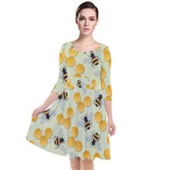 Bees Pattern Honey Bee Bug Honeycomb Honey Beehive Quarter Sleeve Waist Band Dress