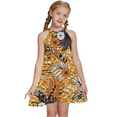 Leaf Yellow Point Flower White Kids  Halter Collar Waist Tie Chiffon Dress