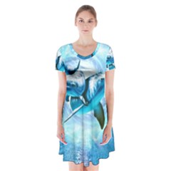 Dolphin Blue Sea Fantasy Short Sleeve V-neck Flare Dress