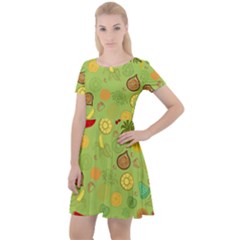 Art Fruits Pattern Cap Sleeve Velour Dress 