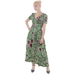 Swirls Foliage Leaves Green Button Up Short Sleeve Maxi Dress by Maspions