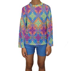 Colorful Flora Flora Kazakh Pattern Kids  Long Sleeve Swimwear