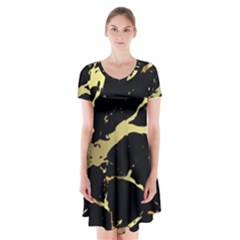 Marble Black, Kiss, Gold, Pretty Short Sleeve V-neck Flare Dress