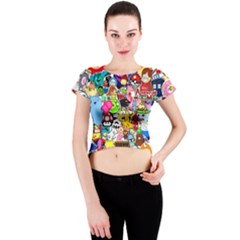 Sticker Art, Brand, Cartoon Crew Neck Crop Top