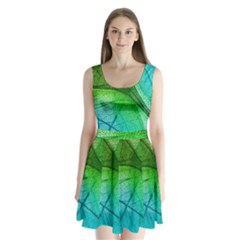 3d Leaves Texture Sheet Blue Green Split Back Mini Dress 