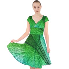 3d Leaves Texture Sheet Blue Green Cap Sleeve Front Wrap Midi Dress