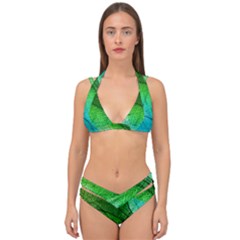 3d Leaves Texture Sheet Blue Green Double Strap Halter Bikini Set