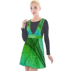 3d Leaves Texture Sheet Blue Green Plunge Pinafore Velour Dress