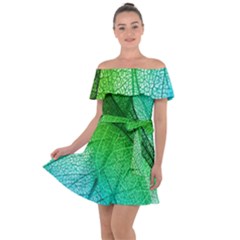 3d Leaves Texture Sheet Blue Green Off Shoulder Velour Dress