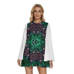 Islamic Coin  Round Neck Long Sleeve Bohemian Style Chiffon Mini Dress