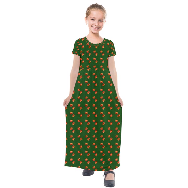 Kawaii Pumpkin Patt Green Kids  Short Sleeve Maxi Dress