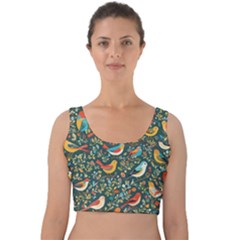 Birds Pattern Flowers Whimsical Velvet Crop Top