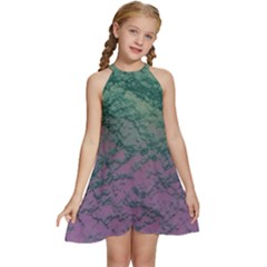 Colorful Duotone Abstract Print Kids  Halter Collar Waist Tie Chiffon Dress