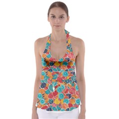 Floral And Leaves Pattern Tie Back Tankini Top