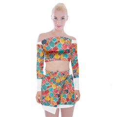 Floral And Leaves Pattern Off Shoulder Top With Mini Skirt Set