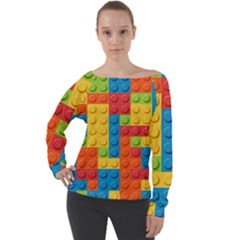 Lego Bricks, Colorful Dots Background Off Shoulder Long Sleeve Velour Top