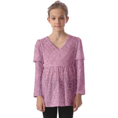 Pink Fabric Texture, Knitted Pink Texture, Kids  V Neck Casual Top