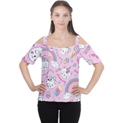 Beautiful Cute Animals Pattern Pink Cutout Shoulder T-shirt