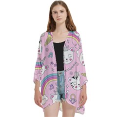 Beautiful Cute Animals Pattern Pink Open Front 3/4 Sleeve Batwing Chiffon Cardigan Kimono