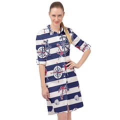 Seamless Marine Pattern Long Sleeve Mini Shirt Dress