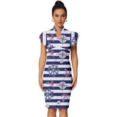 Seamless Marine Pattern Vintage Frill Sleeve V-neck Bodycon Dress