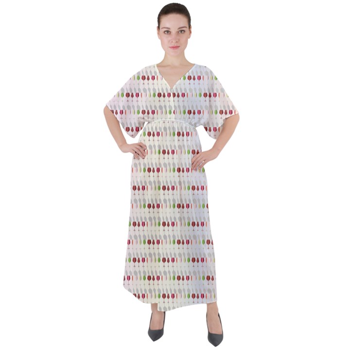 Wine Glass Pattern V-Neck Boho Style Maxi Dress